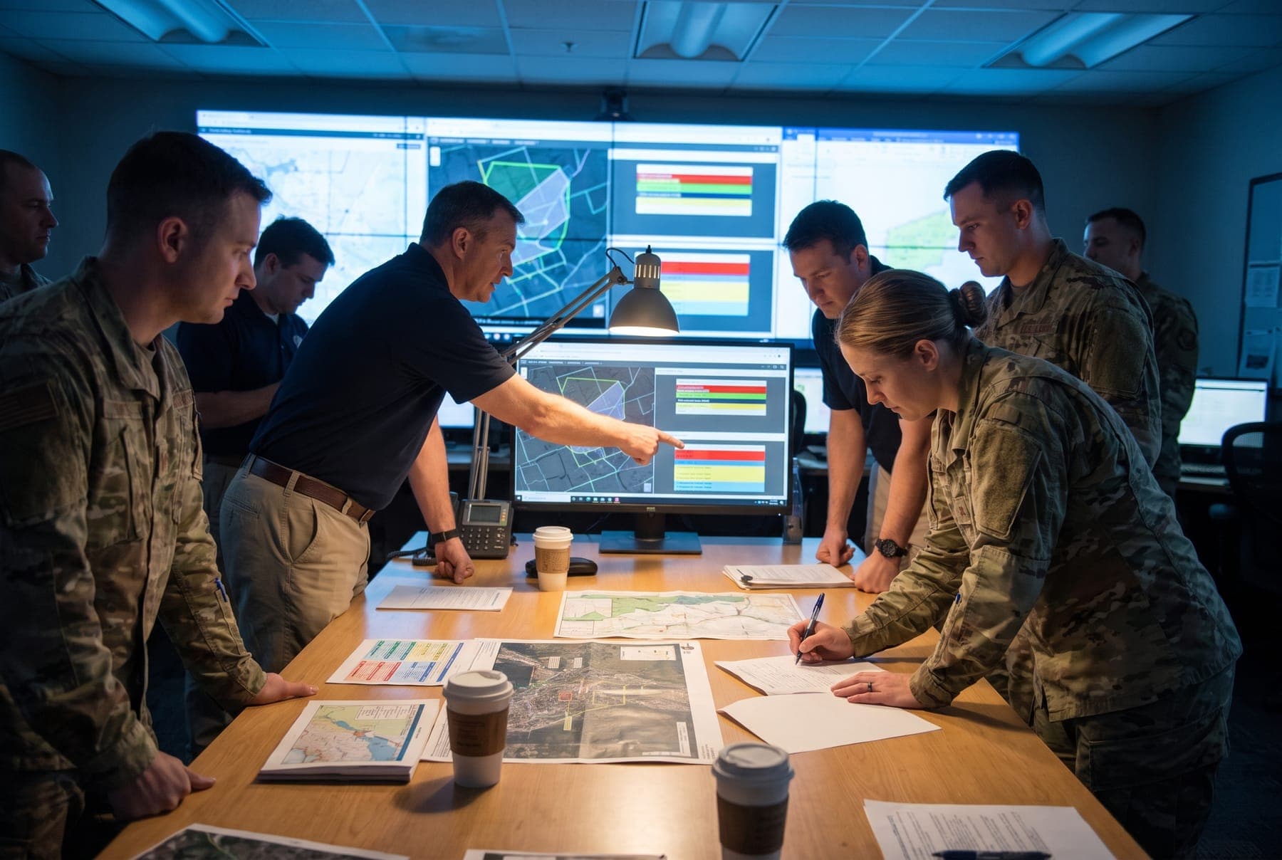 Uniformed personnel and civilian staff working together over printed maps in an operations center, status screens behind them.