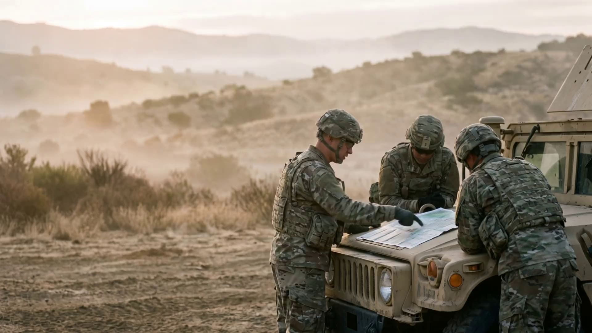Three soldiers in field uniform study a map spread on the hood of a tactical vehicle at dawn.